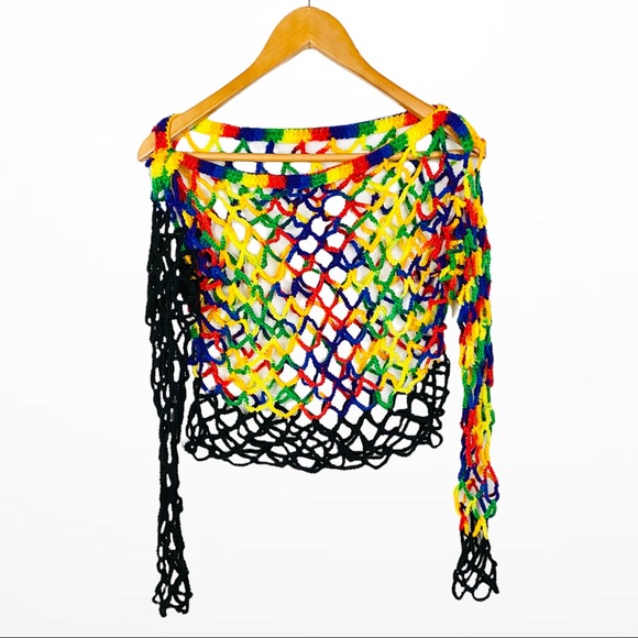 HANDMADE | Rainbow Lace Crochet Long Sleeve Festival Summer Cropped Top - Picture 5 of 9